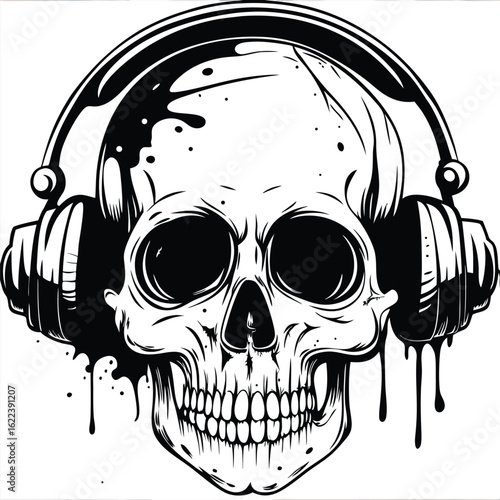 Skull rocks vintage headphones with black dripping ink in a retro style art