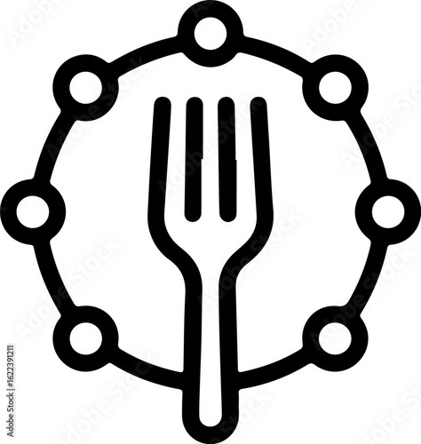 Fork surrounded by a circular network of connected dots representing food service or culinary connections