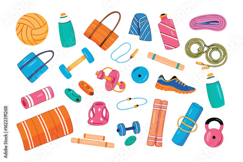 Essential Fitness Ensemble: An array of colorful, well-arranged workout gear, encompassing everything necessary for a well-rounded exercise routine.