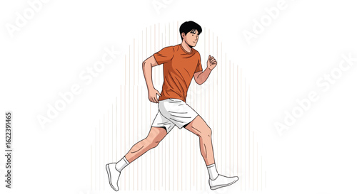 Young man jogging in athletic wear along a path during daylight, showcasing fitness and healthy lifestyle choices vector