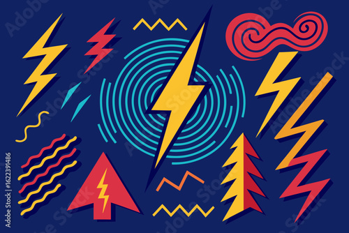 Vibrant and dynamic geometric pattern featuring lightning bolts, abstract waves, and playful shapes for modern design projects, offering a bold and energetic visual impact