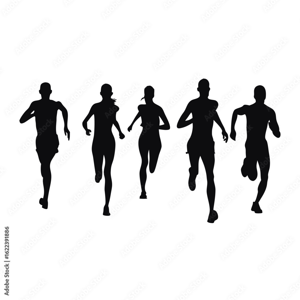 Fototapeta premium Silhouettes of five determined runners stride powerfully, demonstrating teamwork and athletic dedication across the white background