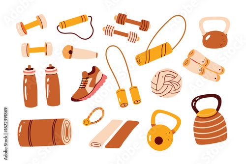 Gym Essentials: A collection of essential gym equipment, perfectly illustrating the tools necessary for a great workout.
