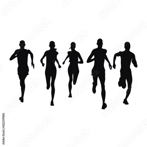 Silhouettes of five determined runners stride powerfully, demonstrating teamwork and athletic dedication across the white background
