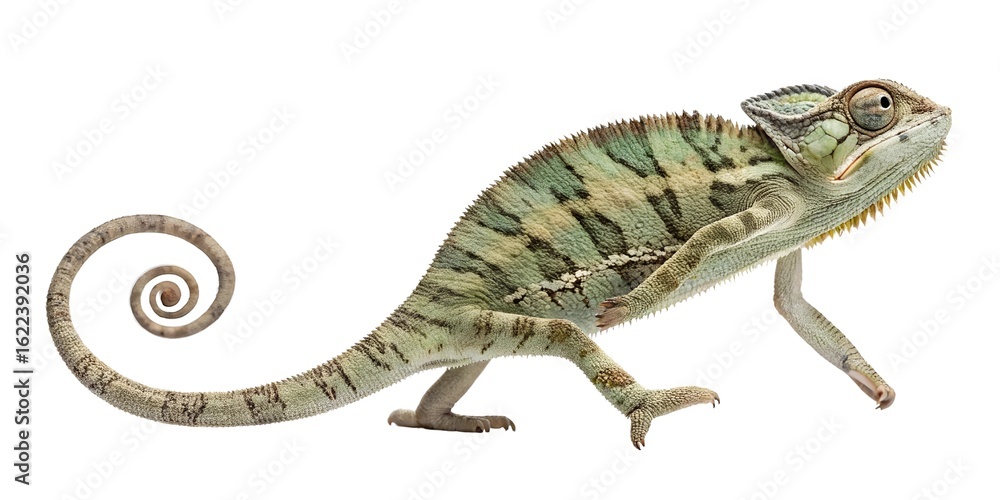 Fototapeta premium Full-body macro image of a chameleon walking slowly, tail curled, skin showing detailed micro-scales and natural color shifts, limbs extended mid-step, isolated cleanly on a pure white backgrounD.