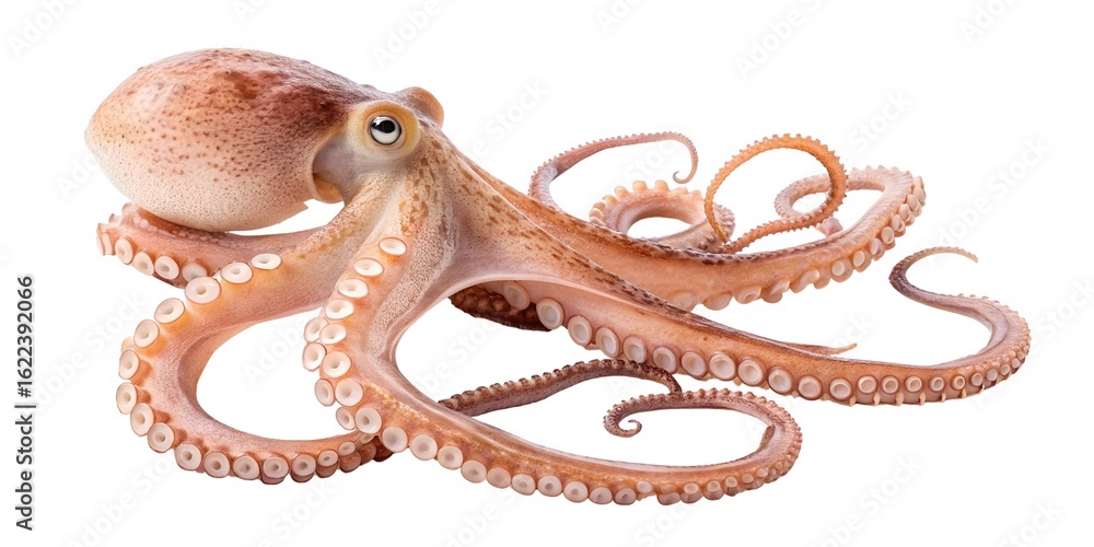 Fototapeta premium Full-body image of a baby octopus stretched out with tentacles visible and slightly curled, skin texture and suction cups captured in extreme detail, no surface shadow, isolated on transparent white.