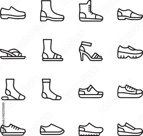 Stylish Footwear Vector Icons – Shoes, Boots, Sandals, High Heels, Sneakers, Flip-Flops, Socks, Slippers, Moccasins, and Athletic Footwear