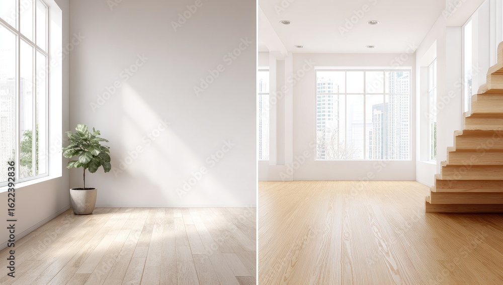 Fototapeta premium Empty, bright, modern rooms with light-wood floors and large windows