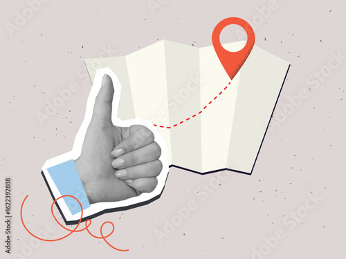 Hand showing thumbs up gesture beside a map with a way and a red pin mark. Target or destination concept. Modern collage vector illustration