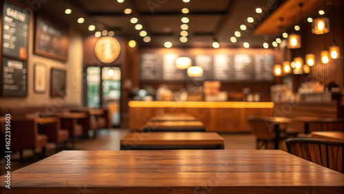 Wallpaper Mural Wooden table in warm, inviting coffee shop ready for your product placement or lifestyle scene Torontodigital.ca