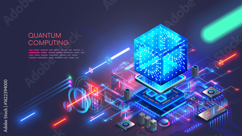 Quantum computing. Close up of optical cpu process light signal. Quantum computer of glowing qubits. Laser ray signal transmitting digital signal in chip or processor. Abstract technology background.