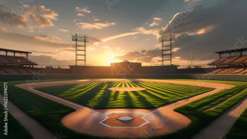 Majestic sunset casts long shadows across an empty baseball field, illuminating the stadium.