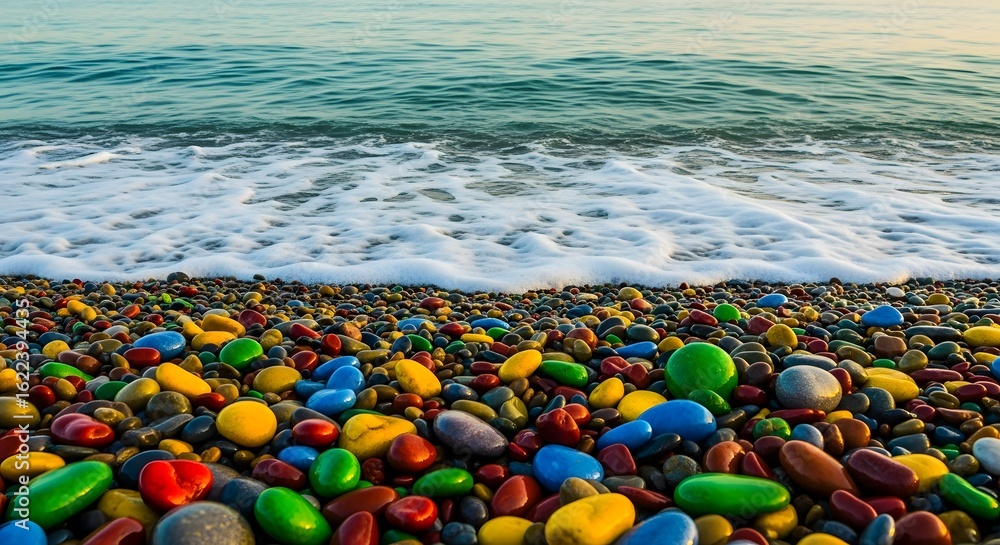 Obraz premium Colorful pebbles on the beach with ocean waves in the background