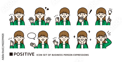 スーツを着た働く若い女性の、ポジティブなポーズのアイコン素材セット＿ベクター＿カラー