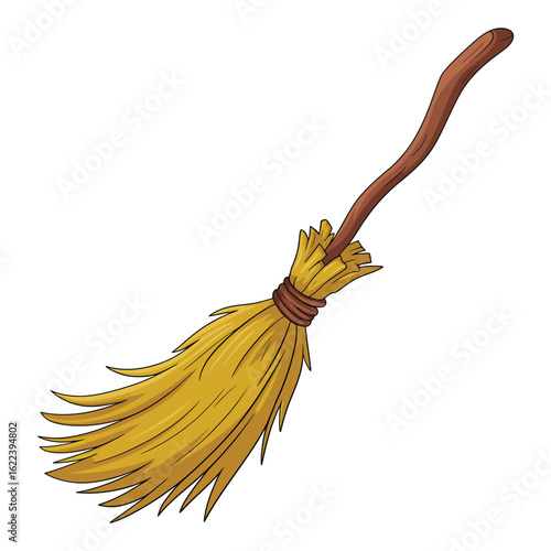 Rustic wooden broom with straw bristles on a white background