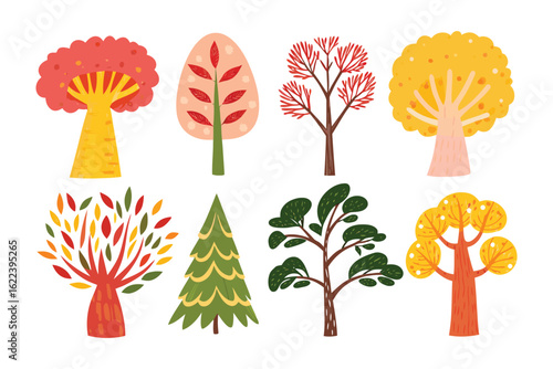 Colorful Tree Collection: A vibrant collection of hand-drawn trees, each boasting a unique design and a burst of vivid color, perfect for infusing any project with a touch of natural beauty.