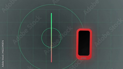 Phone moving left-right with rotating scanning line searching for signal on dark background. Perfect for network search demos and connectivity animations.