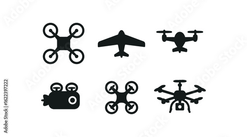 flat black solid icon items isolated on white background autonomous drone (types): quadcopter fixed wing hybrid VTOL underwater drone nano drone industrial drone