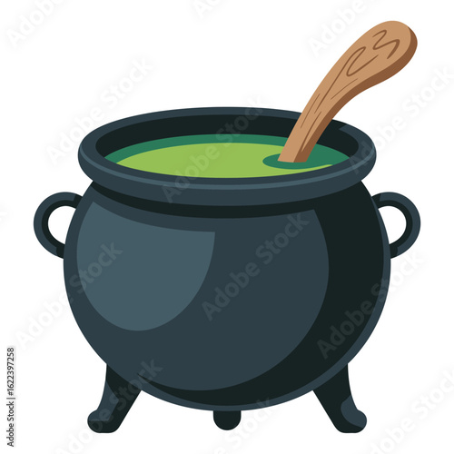 A black cauldron filled with bubbling green potion and a wooden spoon