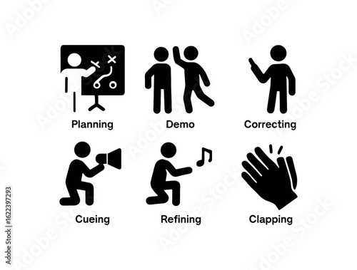 flat black solid icon items isolated on white background choreographer (actions): planning demo correcting cueing refining clapping