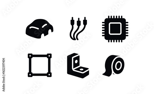 flat black solid icon items isolated on white background prototype invention (materials): plastic wires microcontroller aluminum frame 3D part tape