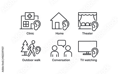 simple outline stroke icon items monoline icons style isolated on white background hearing aid tuning (contexts): clinic home theater outdoor walk conversation TV watching