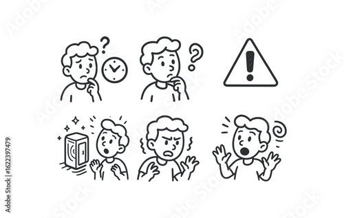 hand drawn cute doodle style line isolated on white background time travel paradox (moods): confusion curiosity danger wonder tension amazement