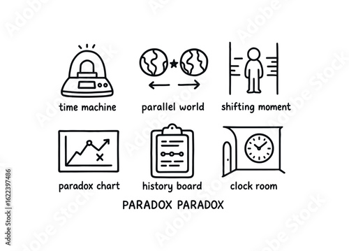 hand drawn cute doodle style line isolated on white background time travel paradox (scenes): time machine parallel world shifting moment paradox chart history board clock room
