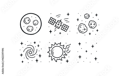 hand drawn cute doodle style line isolated on white background asteroid belt (scenes): telescope view satellite passing asteroid field cosmic background solar flare dark vacuum
