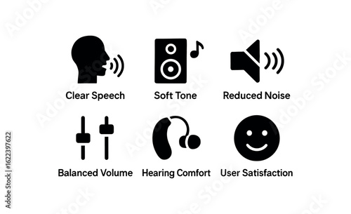 flat black solid icon items isolated on white background hearing aid tuning (results): clear speech soft tone reduced noise balanced volume hearing comfort user satisfaction