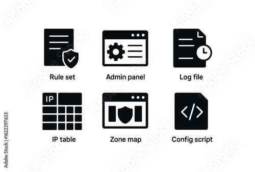 flat black solid icon items isolated on white background network firewall (tools): rule set admin panel log file IP table zone map config script