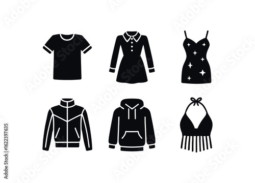 flat black solid icon items isolated on white background clothing mesh (styles): sporty gothic glam futuristic streetwear festival