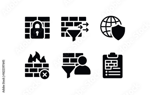 flat black solid icon items isolated on white background network firewall (results): secure access controlled flow safe network threat user filter activity log