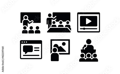 flat black solid icon items isolated on white background self expression limits (contexts): classroom meeting media online space art gallery public speech