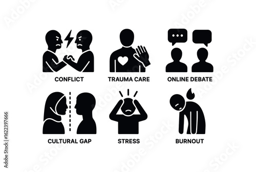 flat black solid icon items isolated on white background empathy barrier (scenarios): conflict trauma care online debate cultural stress burnout