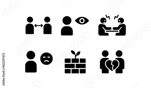 flat black solid icon items isolated on white background empathy barrier (effects): distance mistrust tension apathy barrier growth relationship strain
