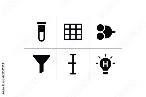 flat black solid icon items isolated on white background scientific hypothesis screening (symbols): test tube data grid logic icon filter triangle error bar hypothesis bulb