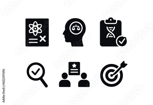 flat black solid icon items isolated on white background scientific hypothesis screening (concepts): falsifiability bias control reproducibility evidence peer review precision