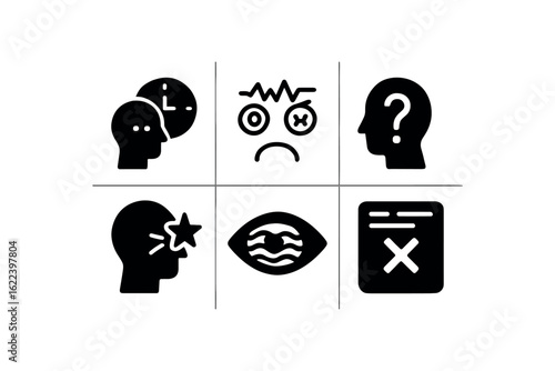 flat black solid icon items isolated on white background occlusion perception (effects): delay confusion misidentification distraction reduced clarity error