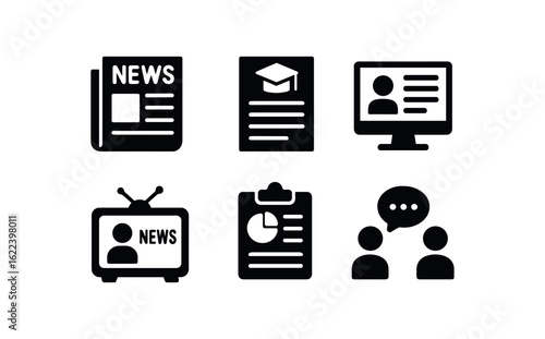 flat black solid icon items isolated on white background factual accuracy screening (contexts): journalism academic paper online article broadcast news report debate