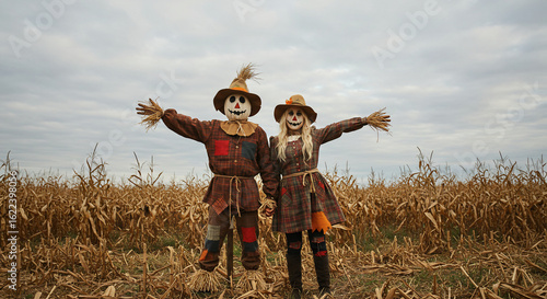 Two people dressed as scarecrows stand in a cornfield with arms outstretched under a cloudy sky, evoking an autumn or Halloween theme.