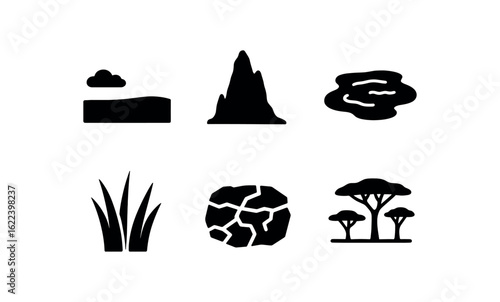 flat black solid icon items isolated on white background savanna ecosystem (features): open plain termite mound waterhole tall grass dry soil scattered trees