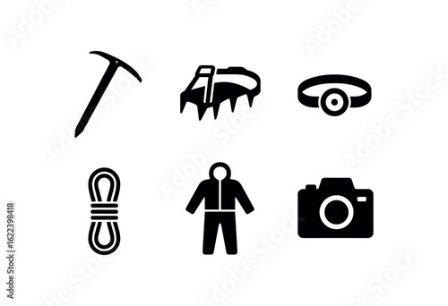 flat black solid icon items isolated on white background glacier cave (tools): ice axe crampon headlamp rope thermal suit camera