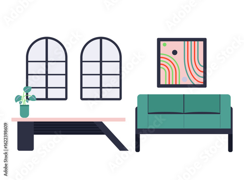 A beautifully arranged modern living room showcases a green couch, a contemporary tabletop, and large arched windows allowing natural light to fill the space.