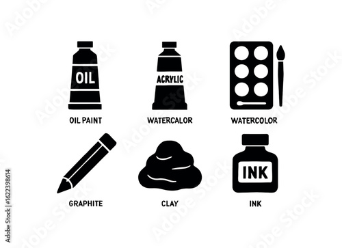 flat black solid icon items isolated on white background art studio (materials): oil paint acrylic watercolor graphite clay ink