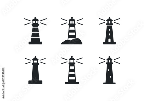 flat black solid icon items isolated on white background lighthouse (concepts): guidance isolation vigilance navigation history solitude