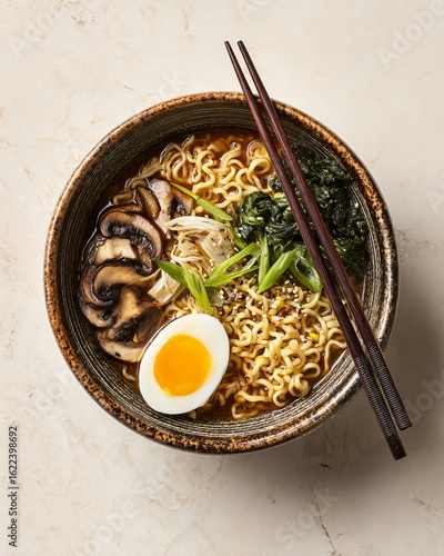 ceramic bowl filled with ramen noodles and toppings, food photography on white
