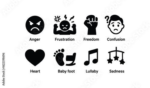 flat black solid icon items isolated on white background teenage rebellion (feelings): anger frustration freedom confusion pride sadness. flat black solid icon items isolated on white