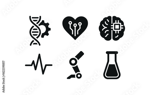 flat black solid icon items isolated on white background biomedical engineer (symbols): DNA gear heart tech brain chip waveform robotic joint lab tube. flat black solid icon items isolated