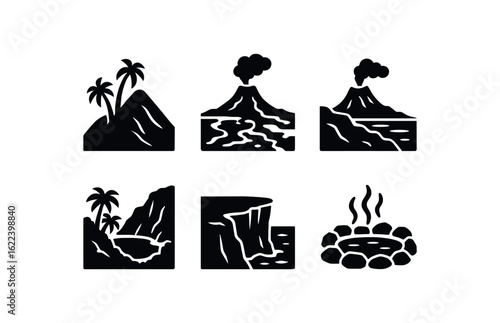 flat black solid icon items isolated on white background volcanic island (landscape): jungle slope rocky coast lava field hidden lagoon cliff edge hot spring
